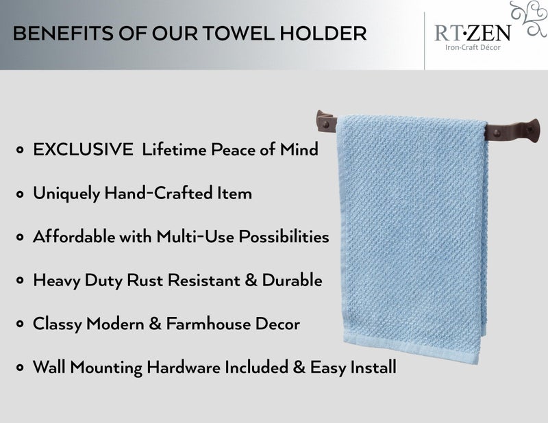 RTZEN Matte Black Hand Towel Holder for Bathroom - Handcrafted Farmhouse Wrought Iron Metal Kitchen Bar - Small Hand Towel Bar Hanger for Home or Office - Wall Mounted Rack Fits 10" Towels - Image 2